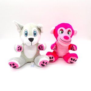 Lot of 2 Plush Animals Dog Monkey Gray Pink Soft 8" Stuffed Dog Toys BJ Toy Co